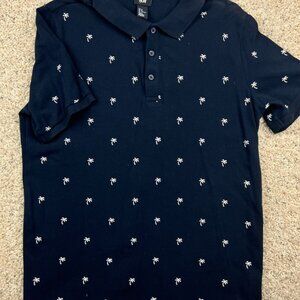 H&M Palm Tree Pattern Polo Shirt Short Sleeve Dark Blue Men's Medium Cotton